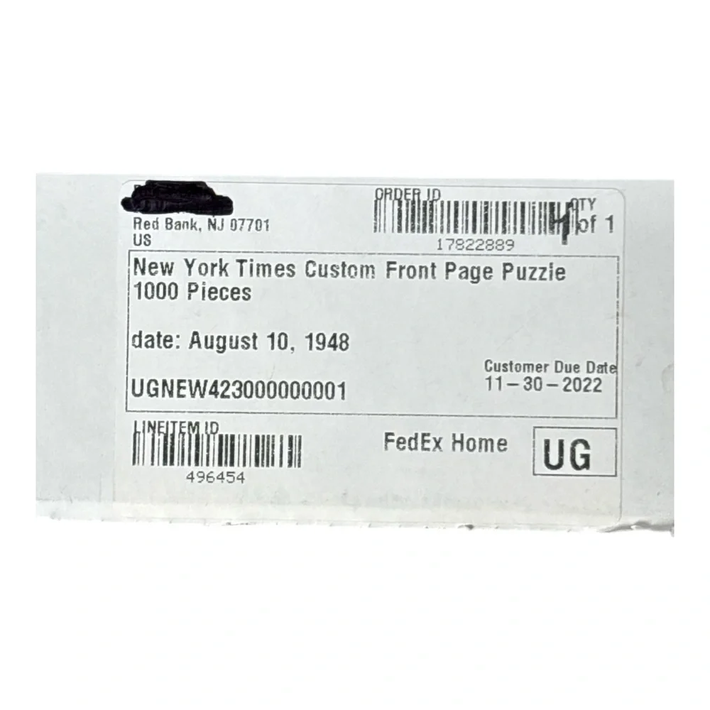 NEW YORK TIMES Front Page Jigsaw Puzzle 1000 Pc August 10 1948 8-10-48 Sealed